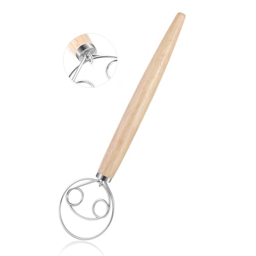 Sourdough Danish Dough Whisk Sour Dough Whisking Tool，13inch Wooden With Stainless Steel Durable，Flat Dutch Sourdough Bread Baking Supplies，Easy Seamless Wisking Sour Dough Mixing Tool(Double loop)