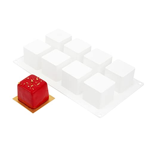 Pastry Tek 8 Cavities Square Cupcake Pan, 1 Oven-Ready Square Mold - Flexible, Freezable, White Silicone Petit Four Mold, Easy Release, For Baking - Restaurantware - size: 1 Count, style: Cube