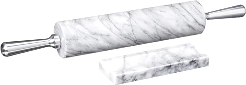 Fox Run Marble Rolling Pin & Stand, White Marble With Aluminum Handles Pin - color: White, Aluminum Handles
