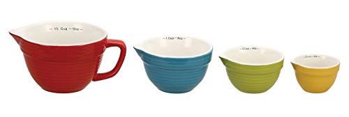 Creative Co-Op 4‑Piece Stoneware Ribbed Batter Bowl Measuring Cups, Yellow, Blue, Green and Red - color: Multicolor
