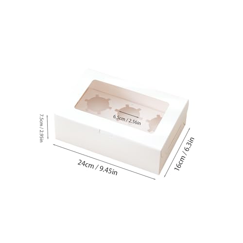 10 Pack Cupcake Boxes 6 Count, White Bakery Containers with Window and Inserts, Food Grade Cardboard Pastry Dessert Box for Muffins, Cookies, and Bake Sales (9.4"x6.3"x3")
