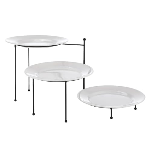 3 Tier Serving Stand, 10.25 in Metal Display Holder with 3Pcs 10 in White Melamine Plates, Black Metal Dessert Tray for Party, Snack, Fruit, Home Buffet Table