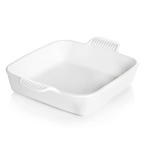 Sweejar Ceramic Baking Dish, 9 x 9 Cake Baking Pan for Brownie, Porcelain Square Bakeware with Double Handle for Casserole, Lasagna, Family Dinner (White) - color: White, size: Square 9IN