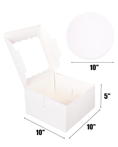 qiqee 10x10x5 Cake Box, 18 Sets White Cake Box with Window ＆ 18 Sets 10" White Cake Round Boards, 10inch Cake Containers, 10 Meters Gold Silk Ribbon - color: White, size: 18 Sets /10x10x5