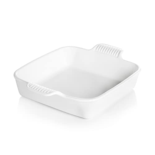Sweejar Ceramic Baking Dish, 8 x 8 Cake Baking Pan for Brownie, Porcelain Square Bakeware with Double Handle for Casserole, Lasagna, Family Dinner (White) - color: White, size: Square 8IN