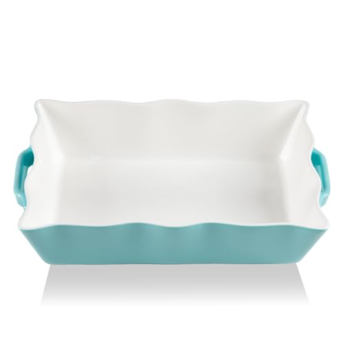 Sweejar Casserole Dishes for Oven, Ceramic Bakeware Set of 3, Rectangular Baking dish with Handles, Wave Edge Lasagna Pan Deep for Cooking, Cake, Dinner, Banquet and Daily Use (Baking dish(Set of 1), Turquoise New) - color: Turquoise New, style: Baking di