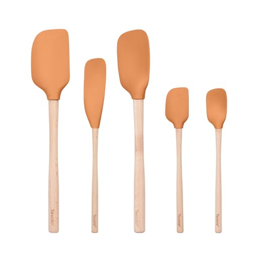 Tovolo Silicone Spatula with Wooden Handle Set of 5 Piece Silicone Kitchen Utensil Set Spoonula Jar Scraper Mini Spatula and Spoonula for Cooking Baking Mixing Folding Apricot Orange Cookware - color: Apricot