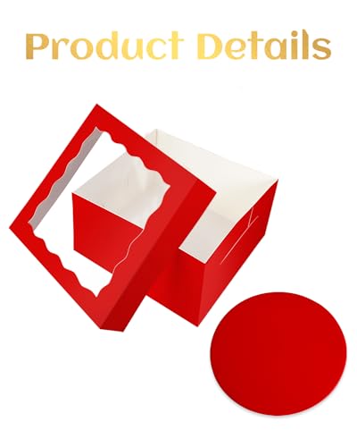 qiqee 12x12x6 Cake Box, 18 Sets Red Cake Box with Window ＆ 18 Sets 12" Red Cake Round Boards, 12inch Cake Containers - color: Red, size: 18 Sets /12x12x6