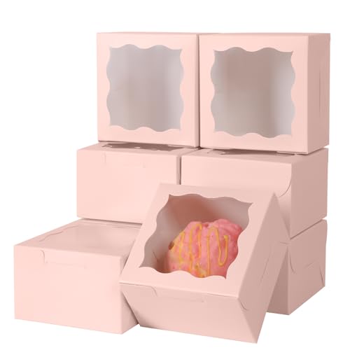 25pcs Pink Small cookie boxes,4x4x2.5 Inch Bakery Boxes with Window,gift boxes bulk for Mini Cake Pastry Dessert Strawberries Chocolates Cupcakes with Stickers - color: Pink/25pcs