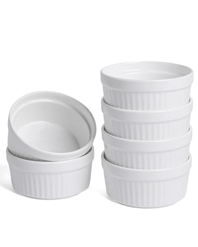7 oz Ramekins Set of 6, Oven Safe Porcelain Ramekin Bowls for Creme Brulee, Souffle & Custard, Dessert Cups & Dipping Sauce Dishes, Stackable, Soft White - size: 7 oz