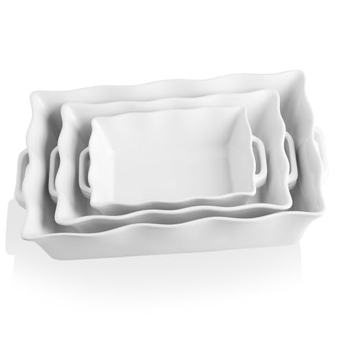 Sweejar Casserole Dishes for Oven, Ceramic Bakeware Set of 3, Rectangular Baking dish with Handles, Wave Edge Lasagna Pan Deep for Cooking, Cake, Dinner, Banquet and Daily Use (White) - color: White New, style: Baking dish(Set of 3)