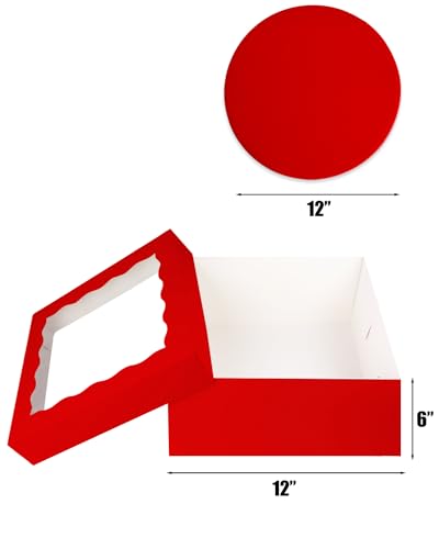 qiqee 12x12x6 Cake Box, 18 Sets Red Cake Box with Window ＆ 18 Sets 12" Red Cake Round Boards, 12inch Cake Containers - color: Red, size: 18 Sets /12x12x6
