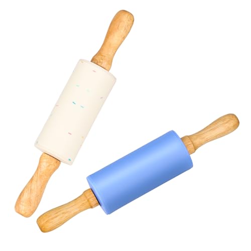 Mini Silicone Rolling Pin for Kids, Non-stick Surface Wood Handle, 9 Inch 2 Pack - color: Blue-White, size: 2 PACK
