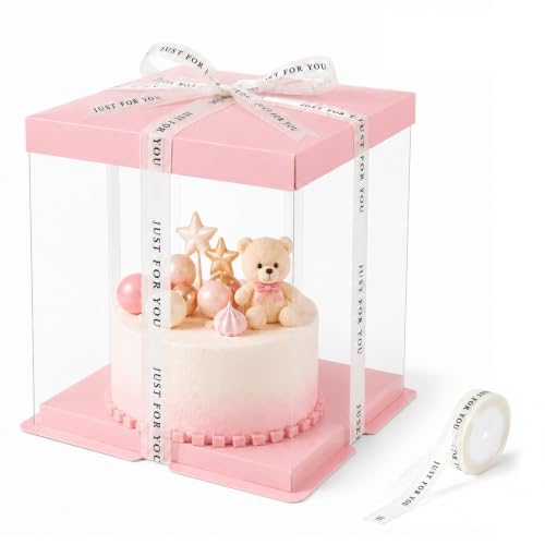 12x12x10inch 8Pcs Tall Cake Boxes Clear Display Gift Boxes with Ribbon,Lid for 10" and 11" Inch Tall Layer Tiered Cakes and Bakery Display Birthday Wedding Party. (Pink, 12*12*10inch/8pcs) - color: Pink, size: 12*12*10 inch/8 pcs
