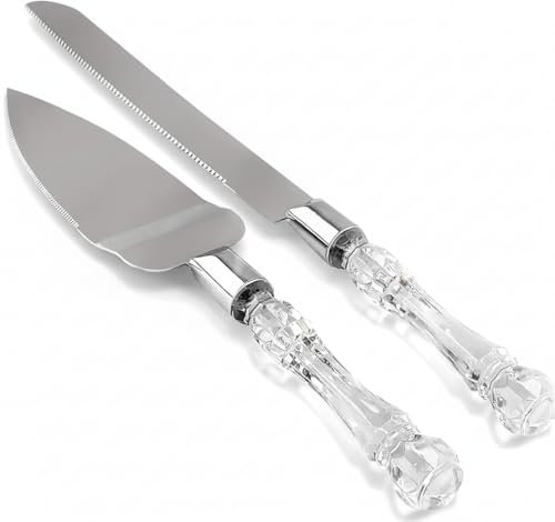Cake Knife and Server Set, Cake Cutter and Pie Spatula,Stainless Steel Blade Faux Crystal Handle Wedding Cake Cutting Set, Silver Knife Set for Party, Birthday, and Anniversary (Clear Silver) - color: Clear Silver