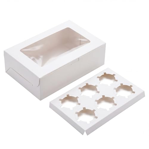 10 Pack Cupcake Boxes 6 Count, White Bakery Containers with Window and Inserts, Food Grade Cardboard Pastry Dessert Box for Muffins, Cookies, and Bake Sales (9.4"x6.3"x3")