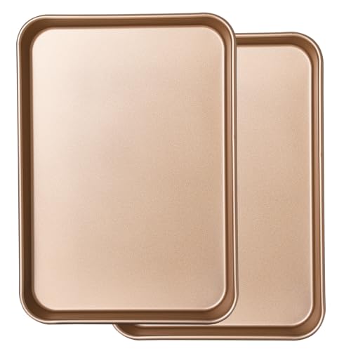 2 Pack 14 X 10 Inches Quality Baking Sheet Pan, Slick Carbon Steel Baking Sheet Set, Warp Resistant Nonstick Cookie Baker's Half Sheets for Baking, Roasting, Gold