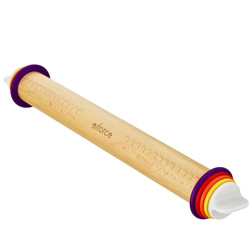 13.6" Adjustable Wooden Rolling Pin with 4 Multicolored Thickness Rings