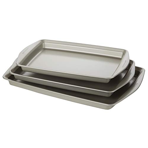 Rachael Ray Nonstick Bakeware Set without Grips includes Nonstick Cookie Sheets / Baking Sheets - 3 Piece, Silver - size: 3 Piece, style: Cookie Pans