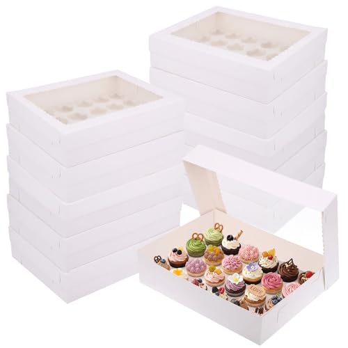 10 Pack 24 Count White Standard Cupcake Boxes with Clear Window & Inserts, Food Grade Cupcake Boxes, 15"x11"x4" Disposable Baking Carrier for Pastries, Party Favors & Takeout - color: White (10 Pack)