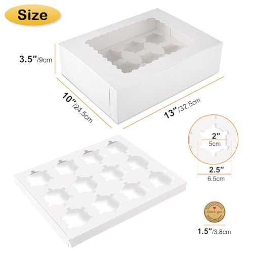 12-Count White Cupcake Boxes with Window and Insert, 13x10x3.5 Inch, Set of 10, Suitable for Cupcakes, Muffins, and Cookies