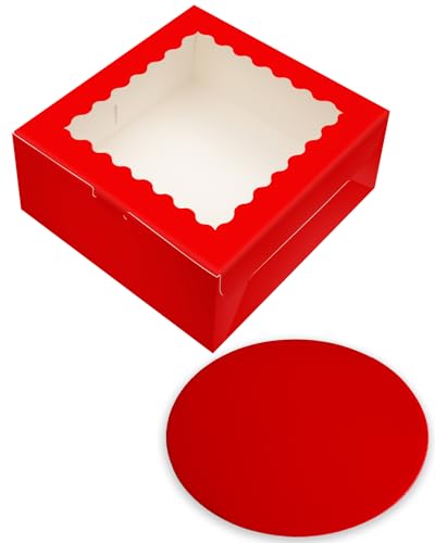 qiqee 8x8x5 Cake Box, 18 Sets Red Cake Box with Window ＆ 18 Sets 8" Red Cake Round Boards, 8inch Cake Containers - color: Red, size: 18 Sets /8x8x5