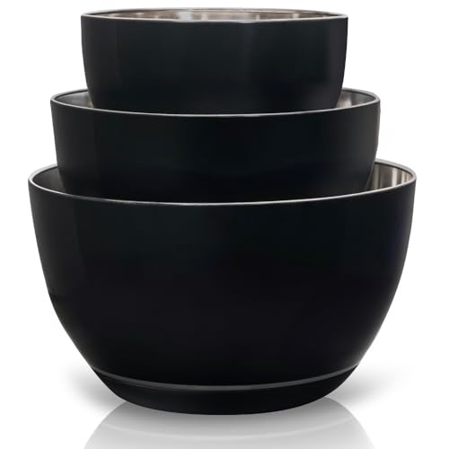 WHYSKO Stainless Steel Mixing Bowls Set, 3-Piece with Silicone Base - color: Black