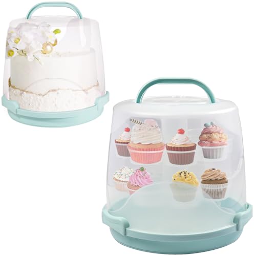 Cake Carrier Round Cake Stand Plus Height Cake Container with Cupcakes Pad, Handle, Lid Reusable Package Box for Transporting Desserts,Pie,Toast,Fruit (10" Blue) - color: 10" Blue