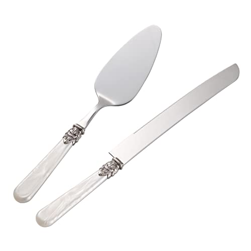Wedding Cake Knife and Serve Set, Fancy Hand Craft Italian Style Design, Pearl Pie Knife Server Set, Vintage Silverware,Cake Cutter Set, Cake Knife Gift Set, 2 pcs (White) - color: White