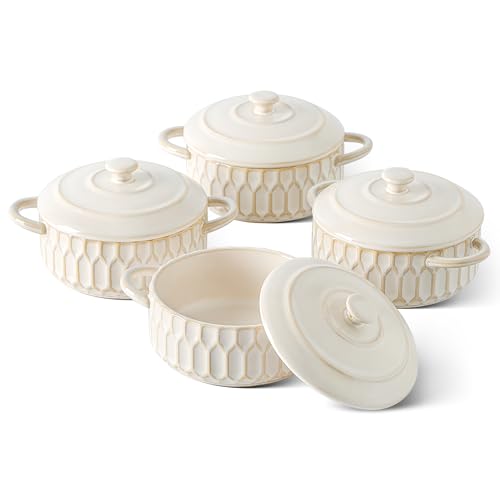 Mini Cocotte Set of 4, 14 oz Ceramic Casserole Dishes with Lids - color: Beige