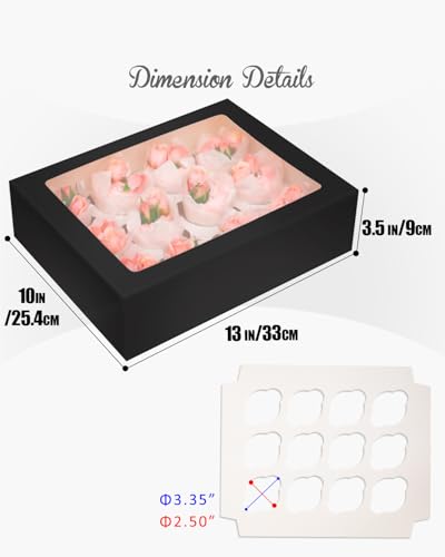 qiqee Auto-pop Up Cupcake Boxes with Window Black 40PCS 12 Count Cupcake Box 13"x10"x3.5" Cupcakes Carrier, 12 Cupcake Containers with 2 rolls of pink ribbons - color: Black, size: 12 Holder/40 Packs