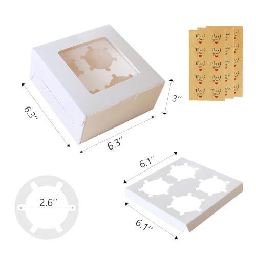 Cupcake Boxes 4 Count with Window, Bakery Boxes, Muffin Containers, Food Grade, Easy Assembly for Candies, Mini Cakes and Baked Goods - 6.3x6.3x3, 30 Pack - size: 6.3x6.3x3 inch