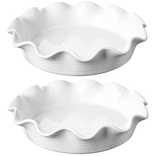 LE TAUCI Ceramic Pie Pans for Baking, 11 Inches Deep Dish Pie Plate for Apple Pie, Pot Pie, 48 Ounce Baking Dish with Ruffled Edge, Set of 2, White - color: White