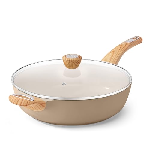 SENSARTE Ceramic Nonstick Frying Pan Skillet with Lid, 10.5 Inch Deep Frying Pan, 3.8 Qt Saute Pan, Induction Pan, Healthy Non Toxic Cooking Pan with Helper Handle, PFOA PFAS PTFE Free - color: Ceramic Taupe, size: 3.8QT / 10.5IN