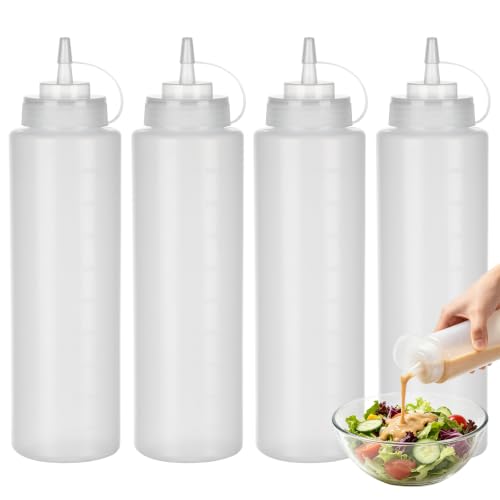4 Pack 32 oz Condiment Squeeze Bottles, Leak Proof BPA-Free Plastic Squirt Bottles with Caps, Refillable Sauce Dispenser for Ketchup, Syrup, Oil, BBQ, Salad Dressing, Easy to Fill & Clean - color: 4Pack, size: 32 Ounces