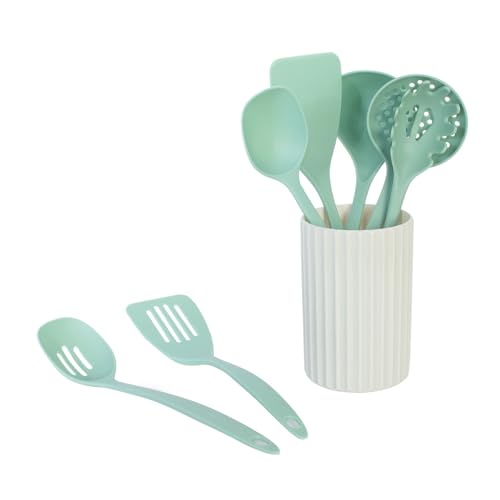 Glad Kitchen Utensils Set, 8pcs - Nonstick Cooking Tools with Utensil Holder - Nylon Spoon, Ladle, Skimmer, Spaghetti Server, and Turner Spatula Set - Dishwasher Safe, Teal Green - color: Teal Green, size: 8-piece Set