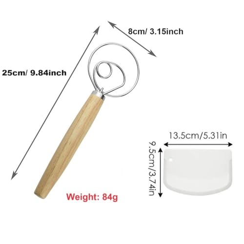 Danish Dough Whisk with Dough Scraper Dutch Bread Whisk Bread Mixer 10" Stainless Steel Dutch Bread Dough Whisk with Wooden Handle Dutch Whisk Baking Tools for Sourdough, Pizza, Pastry, Cake