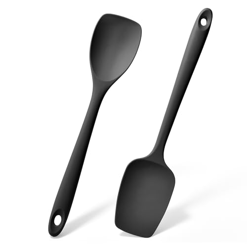 Doosu Silicone Cooking Spoon Spatula for Nonstick Cookware (2Pcs, Black) - color: Black, size: 11.1 & 11.4in