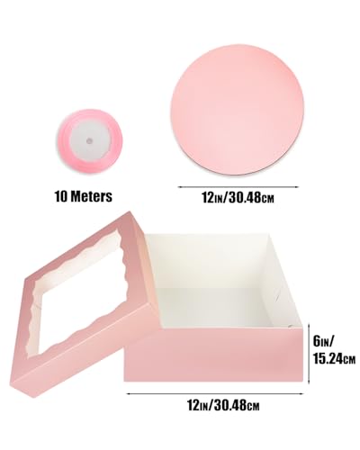 qiqee 12x12x6 Cake Box, 18 Sets Pink Cake Box with Window ＆ 18 Sets 8" Cake Round Boards, 8inch Cake Containers, 10 Meters Silk Ribbon - color: Pink, size: 18 Sets /12x12x6