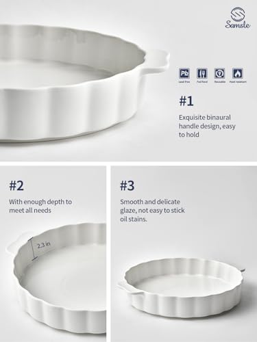 Samsle Ceramic Pie Pan, 13 Inch Round Baking Dish with Handles, White