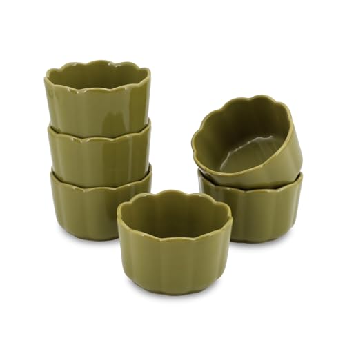 6-Piece 6 Oz Scallop Ceramic Ramekins Set, Moss Green - color: Moss Green