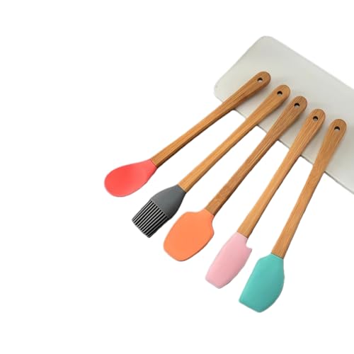 5 Piece Silicone Spatulas,Mini Rubber Spatula Bamboo Handle,Heat Resistant Silicone Set,Non-Stick Kitchen Utensils For Baking,Cooking and Stir(colorful)
