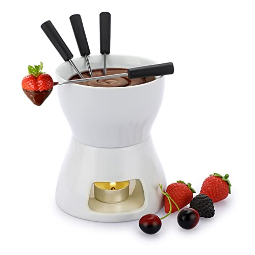 BSTKEY 400ML Ceramic Butter Warmer Set with 4 Forks, Fondue Pot Melting Pot Set, Melt Hot Pot Bowl Set For Cheese Chocolate Butter Caramel