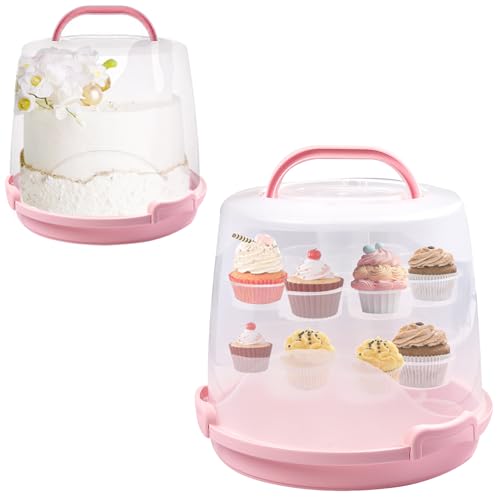 Cake Carrier Round Cake Stand Plus Height Cake Container with Cupcakes Pad, Handle, Lid Reusable Package Box for Transporting Desserts,Pie,Toast,Fruit (10" Pink) - color: 10"Pink