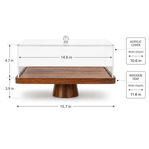 Acacia Wood Cake Stand with Acrylic Lid,2-in-1 Serving Tray,Dessert Display