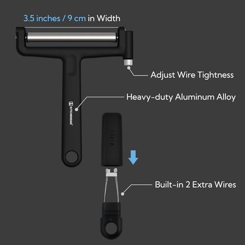 KITCHENDAO Replaceable Wire Cheese Slicer,50% Stronger Wires with 2nd Gen Wire Fixing Mechanism, Tightness Adjustable Aluminum Cheese Cutter, Easy Replacement, 2 Extra Wires