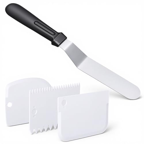 1 Offset Spatula and 3 Icing Smoother Scrapers Set, Frosting Knife Cake Decorating Kit Thickened Stainless Steel Baking Accessories
