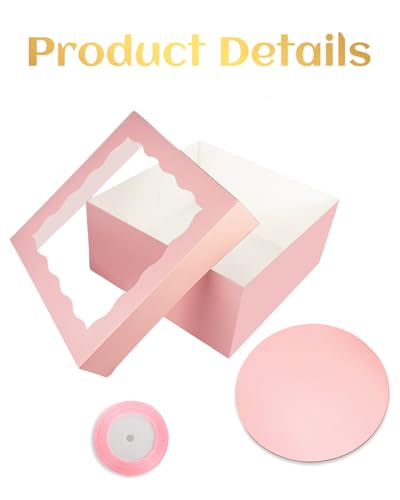 qiqee 12x12x6 Cake Box, 18 Sets Pink Cake Box with Window ＆ 18 Sets 8" Cake Round Boards, 8inch Cake Containers, 10 Meters Silk Ribbon - color: Pink, size: 18 Sets /12x12x6