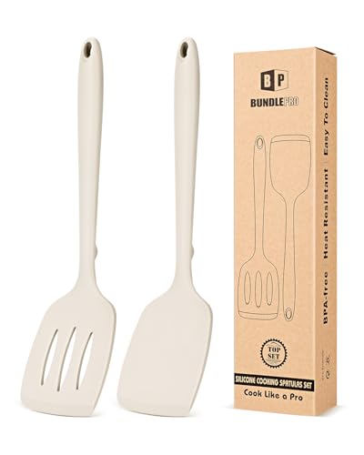 BUNDLEPRO Silicone Spatula, Solid & Slotted Turner, One-Piece, 2 Pack,Khaki - color: Khaki