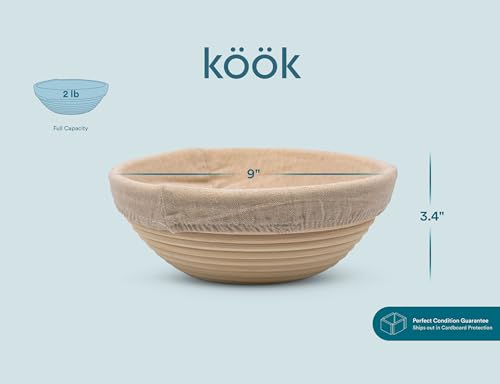 Kook Banneton Bread Proofing Set, Artisan Sourdough Bread Making Kit, 9 Inch Handwoven Rattan Baskets and Liners, Metal & Plastic Dough Scrapers, Scoring Lame & Case, 4 Extra Blades, Set of 2, Round - color: Round Deluxe Set